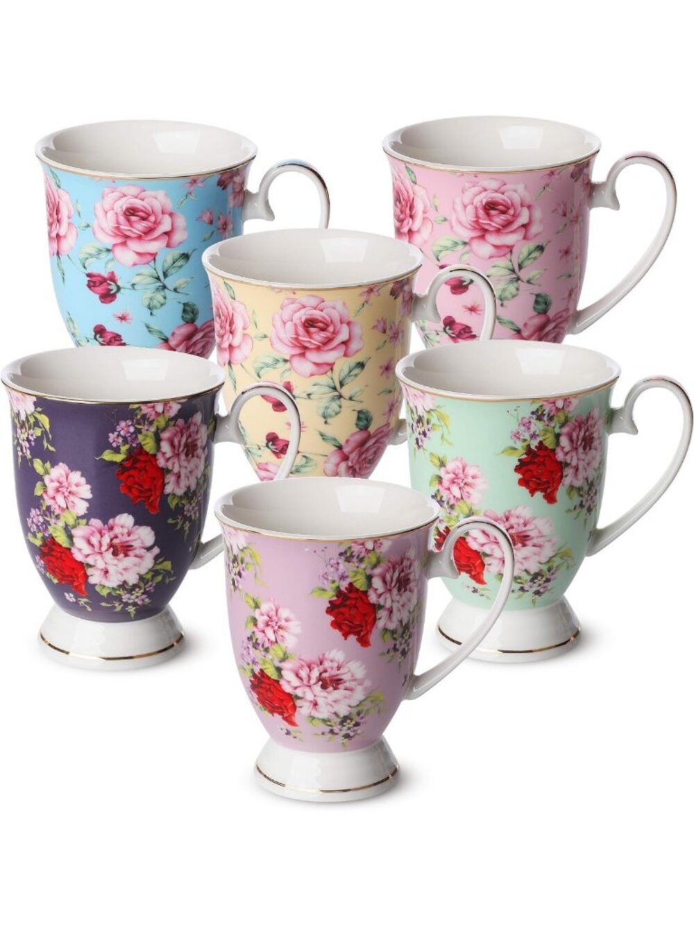 Floral Porcelain Coffee Mugs Set of 6, 12 oz Bone China Tea Cups, Elegant